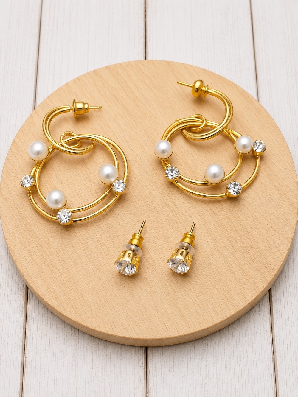 Gold Pearl & Crystal Hoop Earrings Set - Women Jewelry